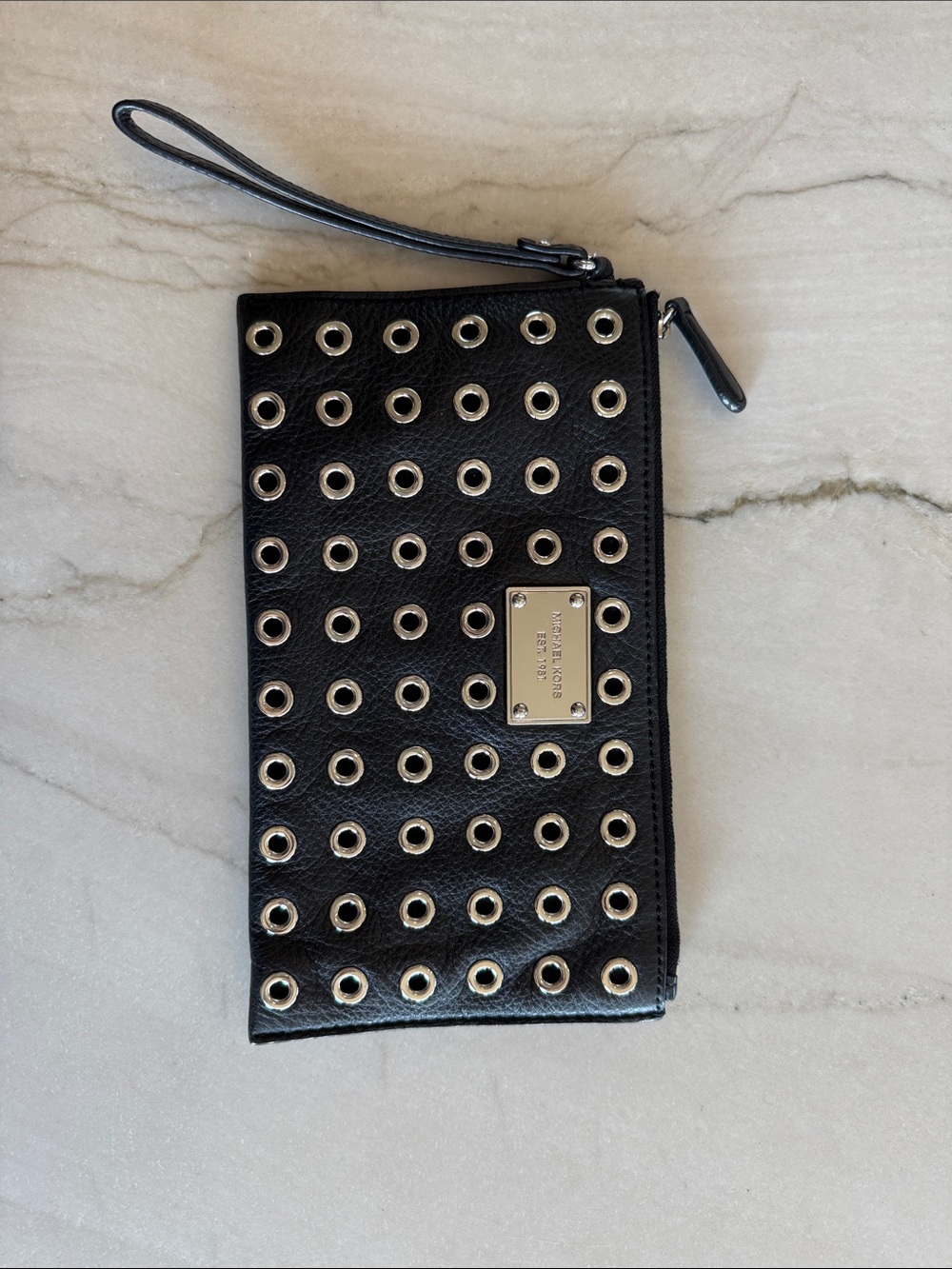 Michael Kors Black Grommet Wristlet Phone Pouch with Silver Hardware